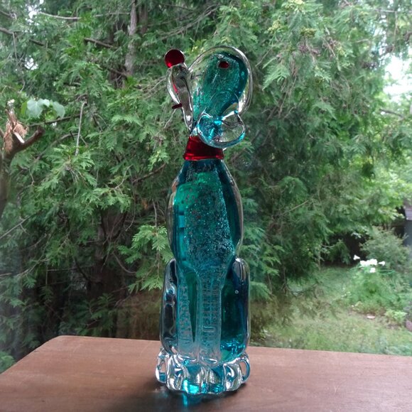 8" Vintage Murano Blue and Clear Glass Dog with Silver Flakes and Red Nose - Picture 16 of 16